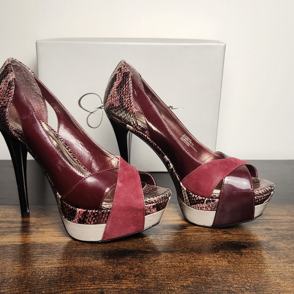 Jessica Simpson Burgundy and Snake Print Heels - Picture 4 of 5